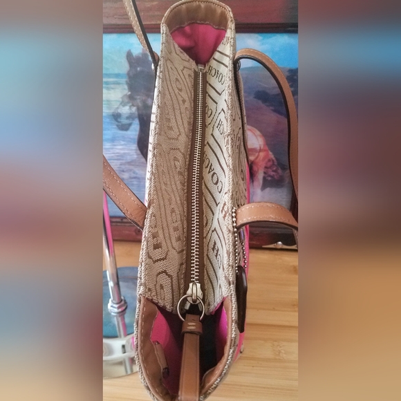 Coach Lozenge Brown Canvas Leather Trim Pink Stripe Zipper Closure Tote Bag - Picture 6 of 13